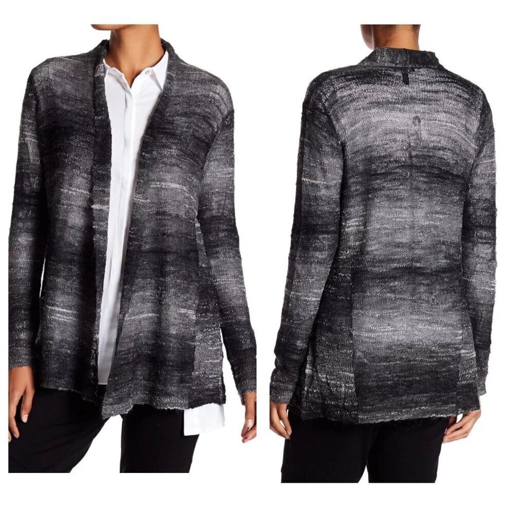 Eileen Fisher Black Open Front Long Boucle Ombre Cardigan Sweater 35917